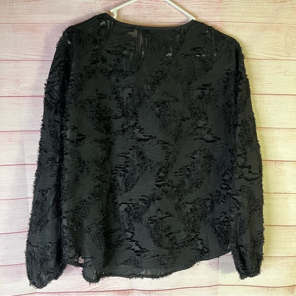 Shein VNeck With Tie Black Fuzzy Long Sleeve Blouse Size Medium - Picture 3 of 5